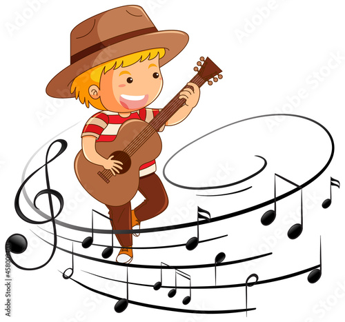 Cartoon character of a boy playing guitar with melody symbols