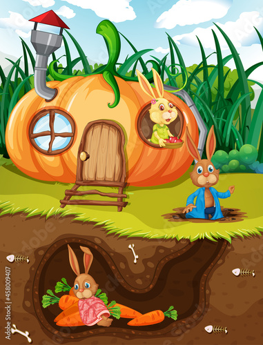 Underground rabbit hole with ground surface of the garden scene