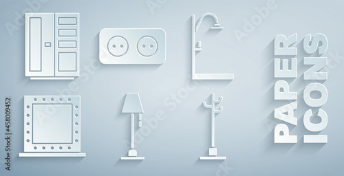 Set Floor lamp, Shower, Makeup mirror with lights, Coat stand, Electrical outlet and Wardrobe icon. Vector