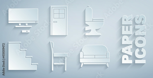 Set Chair, Toilet bowl, Staircase, Sofa, Closed door and Smart Tv icon. Vector