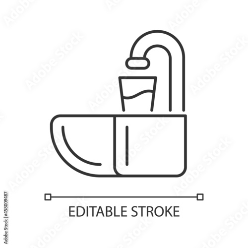 Dental spit bowl linear icon. Cuspidor for expectorating. Dentistry equipment. Spit out saliva. Thin line customizable illustration. Contour symbol. Vector isolated outline drawing. Editable stroke