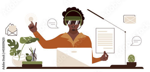 African American woman in vr glasses works in the office. Female at the table uses an interactive panel and virtual documentation. Flat business vector illustration