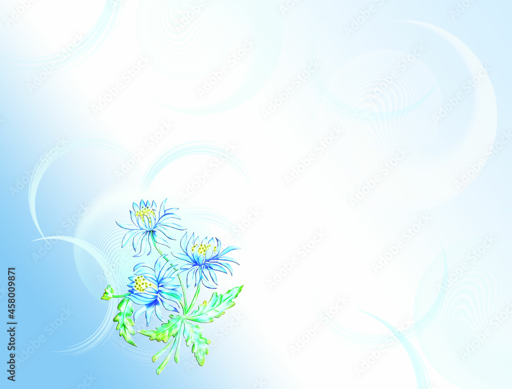 Decorative background with garden flowers on a background with a blue gradient. Material for printing on paper or fabric.