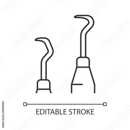 Scaler and curette linear icon. Sharp tools for periodontal procedures. Remove plaque buildup. Thin line customizable illustration. Contour symbol. Vector isolated outline drawing. Editable stroke