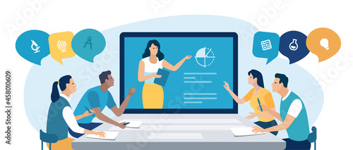 Online education. Young people sitting at a laptop and listening to a teacher online. Vector illustration