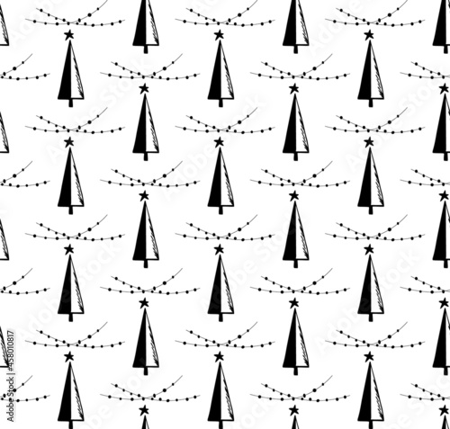 hand drawn pine trees forest winter christmas seamless pattern  vector illustration repeatable texture