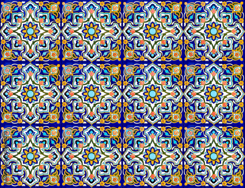 traditional Uzbek pattern on the ceramic tile on the wall of the mosque, background	