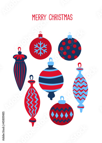 merry christmas xmas happy new year festive greeting card template background in  blue red and white color palette, vector illustration graphic photo