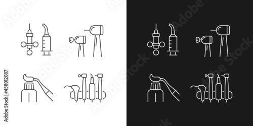 Oral surgery tools linear icons set for dark and light mode. Irrigation syringe. Brightening teeth. Customizable thin line symbols. Isolated vector outline illustrations. Editable stroke