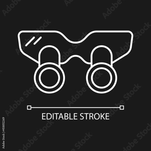 Dental loupes white linear icon for dark theme. Equipment for enlarging and examining teeth. Thin line customizable illustration. Isolated vector contour symbol for night mode. Editable stroke