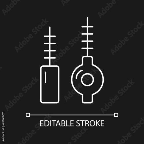 Interdental brushes white linear icon for dark theme. Cleaning out food particles and plaque. Thin line customizable illustration. Isolated vector contour symbol for night mode. Editable stroke