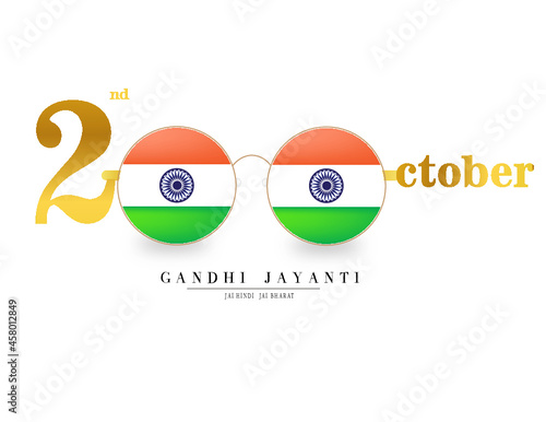 Vector illustration of Gandhi Jayanti. Golden text 2nd October, Gandhi Jayanti, Jai Hind Jai Bharat, With Indian flag tricolor specs vector, on white background.