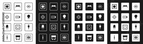 Set Electric circuit scheme, Battery charge level indicator, Processor with microcircuits CPU, light switch, Light emitting diode, Resistor electricity, USB cable cord and icon. Vector