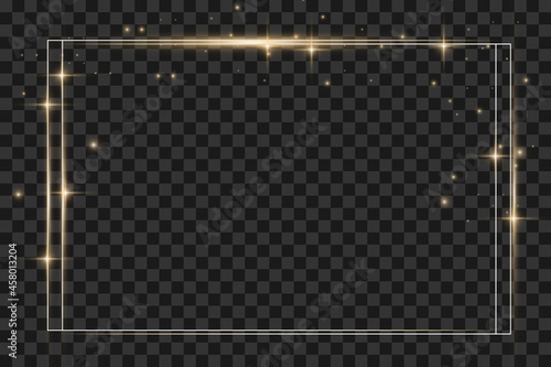 Glowing vintage gold frame with shadows isolated on transparent background. Rectangular frame with lights effects. olden luxury realistic rectangle border. Vector