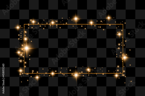 Glowing vintage gold frame with shadows isolated on transparent background. Rectangular frame with lights effects. olden luxury realistic rectangle border. Vector