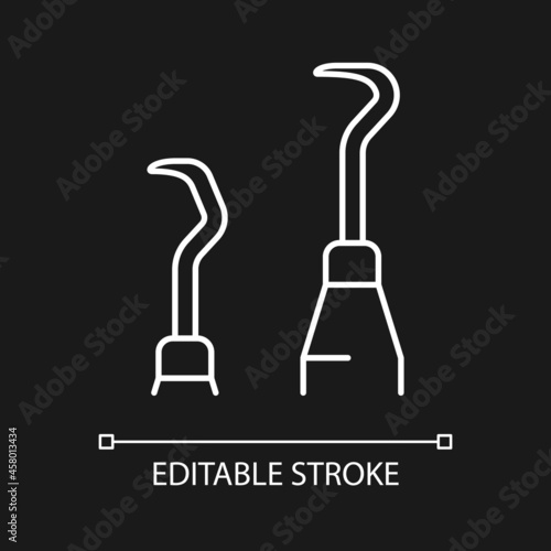 Scaler and curette white linear icon for dark theme. Sharp tools for periodontal procedures. Thin line customizable illustration. Isolated vector contour symbol for night mode. Editable stroke