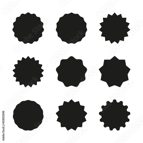 Retro set with set black starburst badges on white background for promo design. Illustration with set black starburst badges on black background. Special offer symbol. Discount tag badge shape. Simple