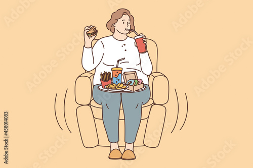 Unhealthy eating, fatness and overeating concept. Young fat overweight woman sitting in armchair and eating fats fries donuts drinking lemonade vector illustration 