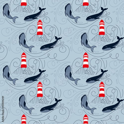 Lighthouse waves and whales. Seamless pattern in nordic style for fabric, wallpaper, apparel. Vector.