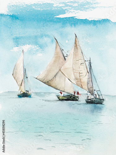 Haiti. Traditional Caribbean sailing boats. Blue ocean. Watercolor hand drawn illustration.
