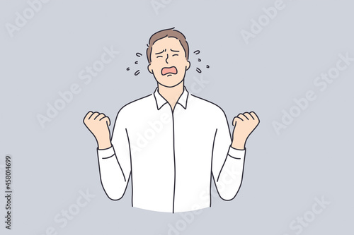 Anger, business crisis, emotions concept. Young angry furious businessman cartoon character standing pushing fists screaming feeling rage vector illustration 