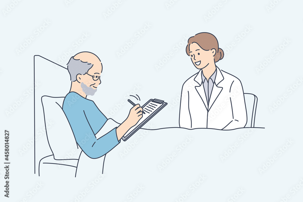 Making will and approval for operation concept. Old smiling ill man sitting in bed signing will or approval in hospital with doctor nurse sitting nearby vector illustration Making will and approval for operation concept. Old smiling ill man sitting in bed signing will or approval in hospital with doctor nurse sitting nearby vector illustration