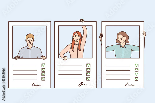 Resume, questionnaire and fulfilling forms concept. Profiles of young people candidates with signs and personal information fulfilled in forms vector illustration 