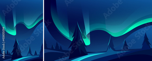 Beautiful northern lights. Landscape with natural light show in different formats.
