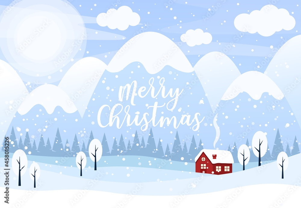 Merry Christmas vector illustration. Winter landscape background with snowy sky, mountains, forest, trees and country house