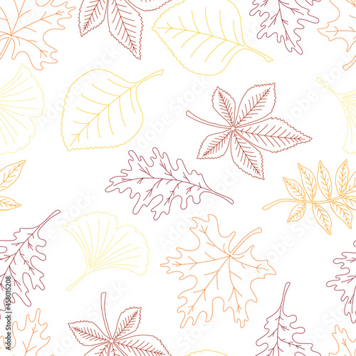 Fototapeta Naklejka Na Ścianę i Meble -  Colorful autumn leaves vector seamless pattern. Foliage texture,  maple, linden, rowan, oak, chestnut, ginkgo.