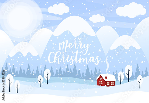 Merry Christmas vector illustration. Winter landscape background with snowy sky, mountains, forest, trees and country house