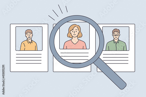 Human resources and hiring concept. Profiles of candidates with photos and resume online and magnifier to one selected candidate for vacancy vector illustration 