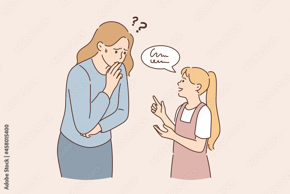 Communication problems and understanding concept. Small girl daughter standing talking explaining something to frustrated woman mother trying to understand vector illustration Communication problems and understanding concept. Small girl daughter standing talking explaining something to frustrated woman mother trying to understand vector illustration
