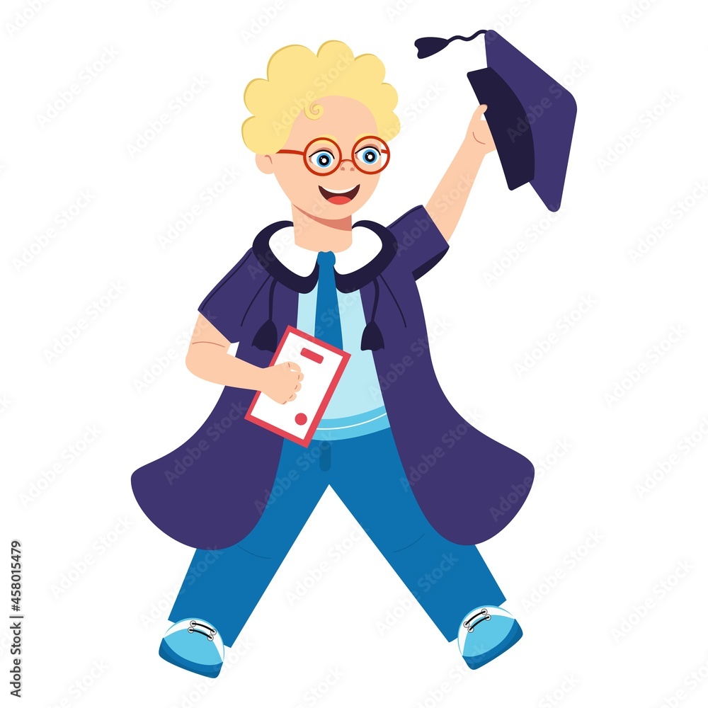 A student in a graduation suit celebrating the beginning or end of their studies. Cheerful, funny character in cartoon style for web design