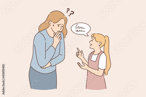 Communication problems and understanding concept. Small girl daughter standing talking explaining something to frustrated woman mother trying to understand vector illustration 