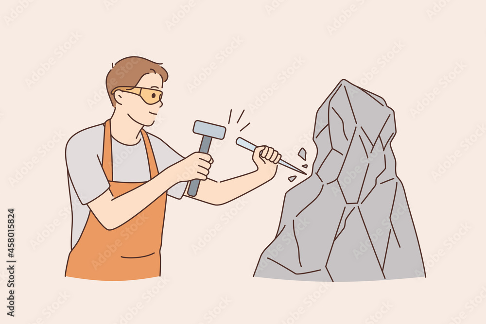 Working as stonecutter with tools concept. Young positive man stonecutter using hammer and stick to work with rock stone concrete wearing glasses and apron vector illustration  - obrazy, fototapety, plakaty 