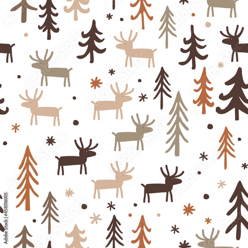 Seamless pattern with herd of deer in fir trees forest. Christmas and New Year background. Vector illustration.