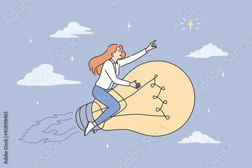 Business success, innovation and challenge concept. Young confident Business woman flying forward on bright huge light bulb feeling confident vector illustration 