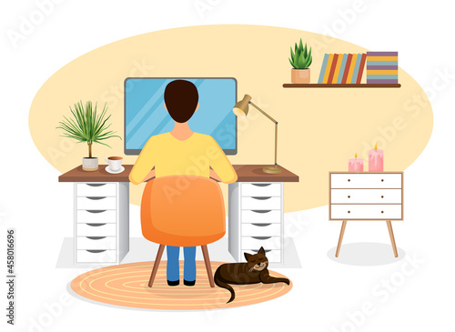 Male freelancer sits at a desk working at home at a computer. Back view of the guy. Remote work  office at home  programming. Study at home in quarantine. Vector illustration. Cozy workspace.