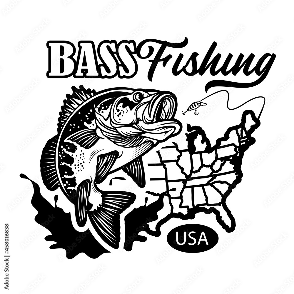 Vettoriale Stock Vintage Large mouth Bass Fish Fishing Logo with USA Map.  Carnivorous Freshwater Game fish. Vector Illustration. | Adobe Stock