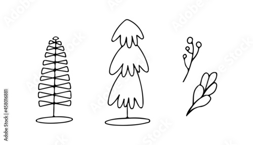 Set of Christmas trees and plant elements. Christmas trees isolated on white background in doodle style. Scientifically drawn vector illustration