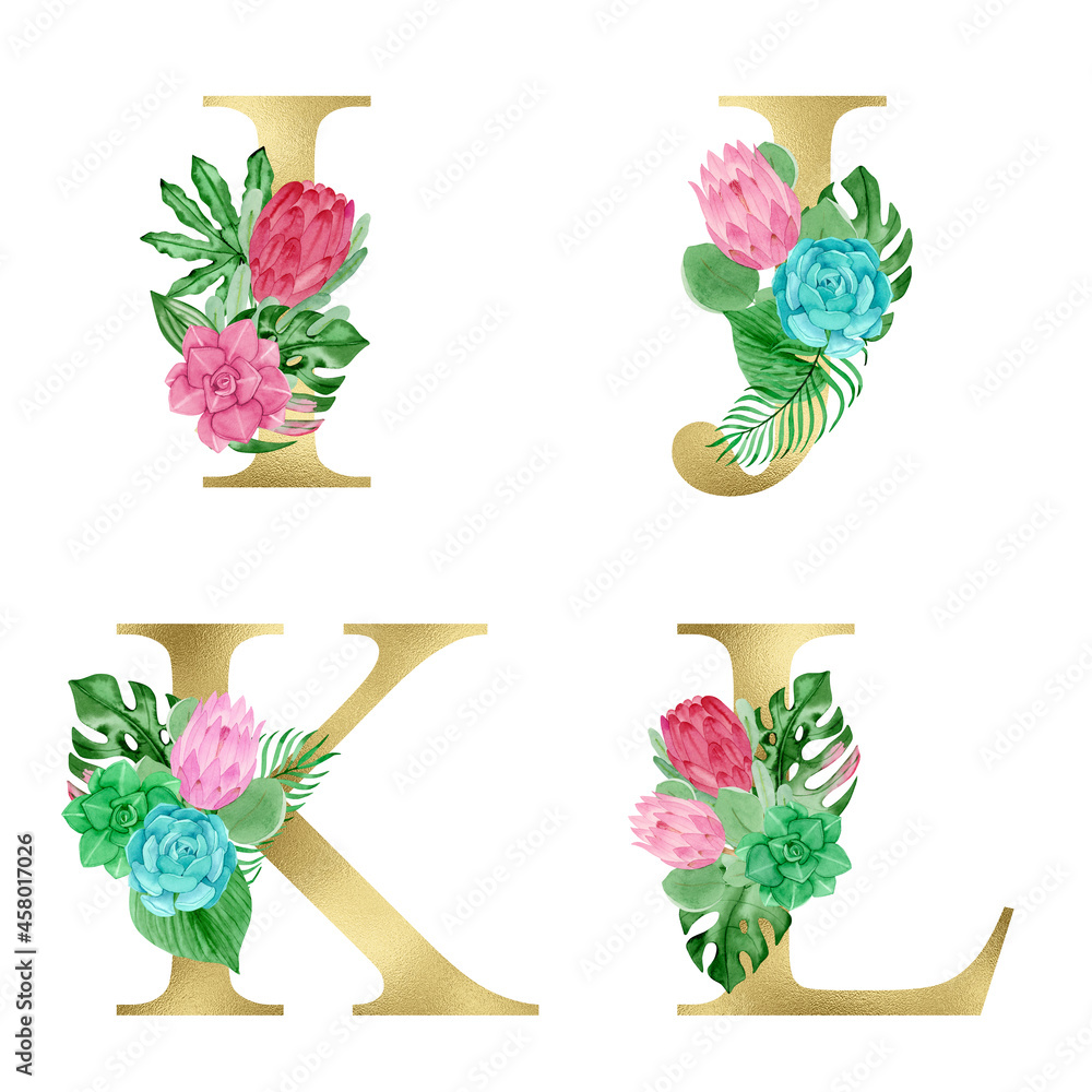 Watercolor Gold Floral Alphabet Set with tropical flowers, palm leaves ...