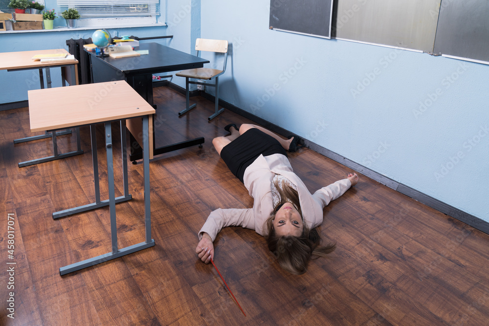 Crime scene (imitation). Strangled teacher in the classroom... Crime scene (imitation). Strangled teacher in the classroom...