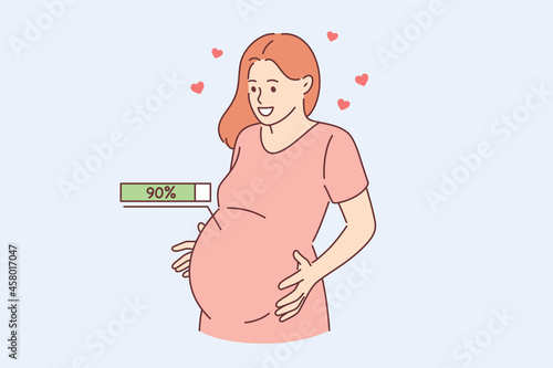 Happy pregnancy process and expectation concept. Happy young pregnant woman embracing belly with 90 percent of pregnancy and expectation inside feeling love vector illustration 