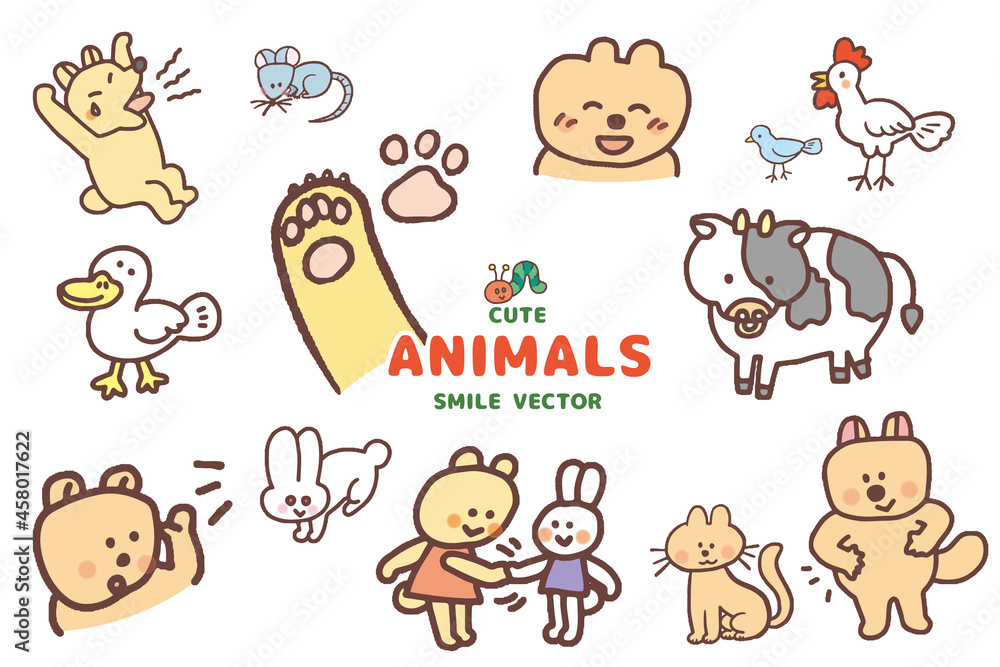 Smiling animals hand drawing vector.