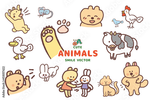 Smiling animals hand drawing vector.