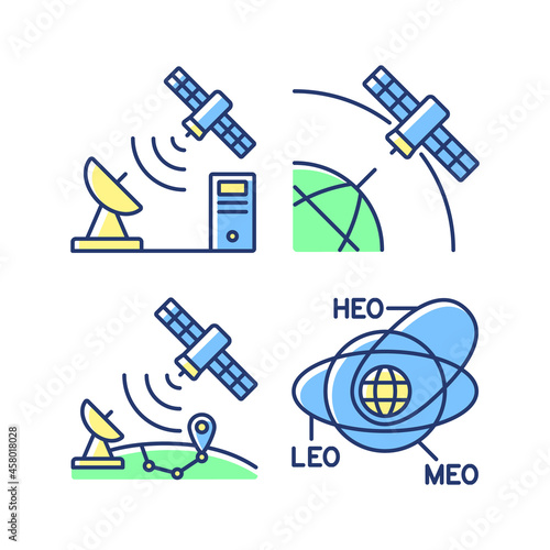 Satellite radionavigation green, blue RGB color icons set. Transmission Control Protocol standarts. Satellite orbits. Isolated vector illustrations. Simple filled line drawings collection