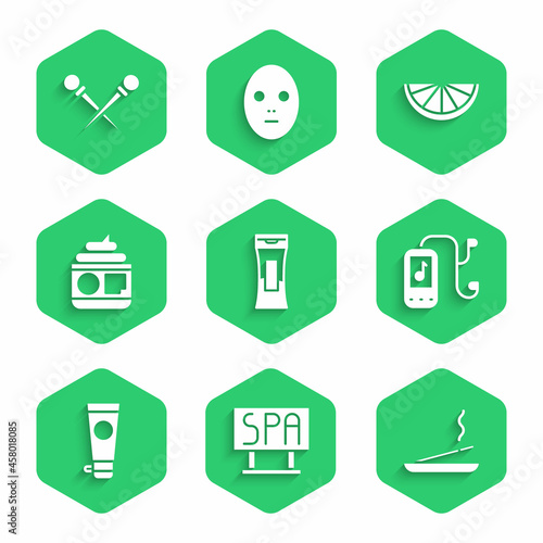 Set Bottle of shampoo, Spa salon signboard, Scented spa stick, Music player, Cream or lotion cosmetic tube, Citrus fruit and Knitting needles icon. Vector