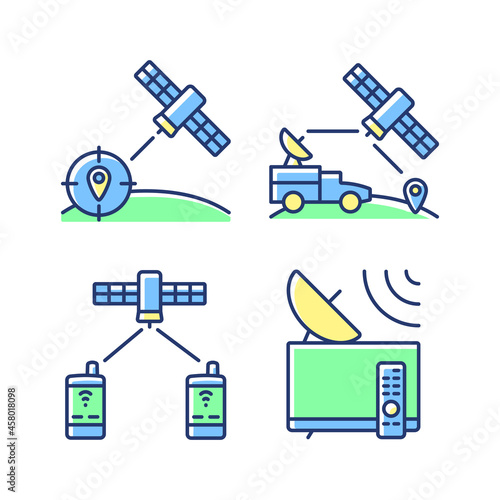 Communications satellites green, blue RGB color icons set. Military satelites. Global telecommunications network connection. Isolated vector illustrations. Simple filled line drawings collection