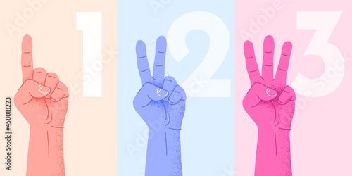 Set of counting one two three hand sign. Three steps or options concept.